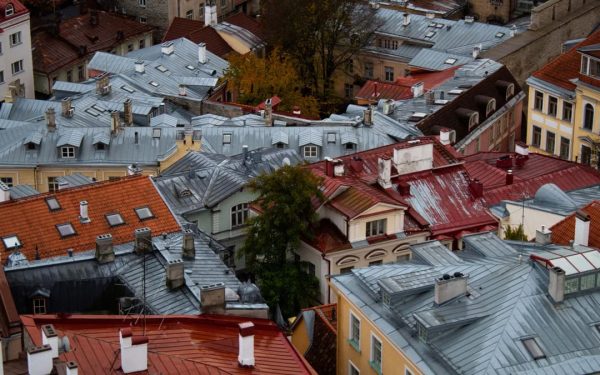 A captivating aerial shot of colorful historic rooftops in a cozy urban neighborhood during autumn.
